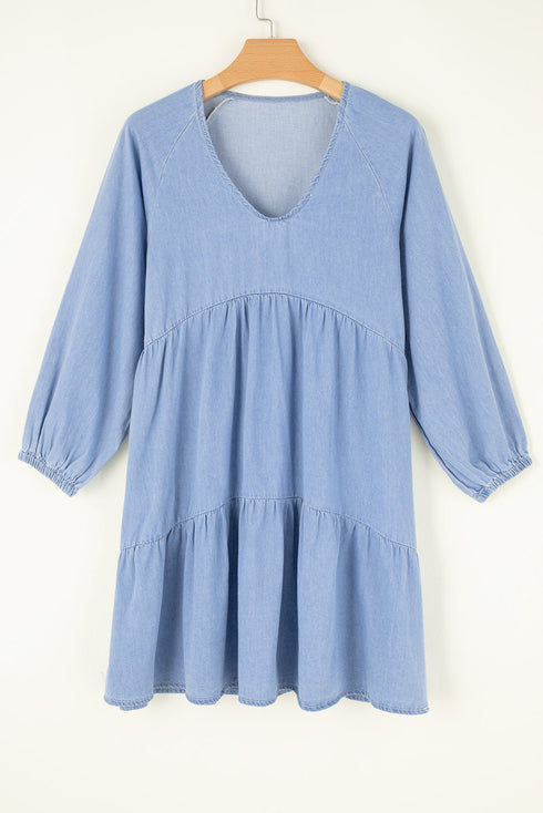 Solid Denim Chambray Puff Sleeve Tiered Ruffled Mini Dress