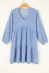 Solid Denim Chambray Puff Sleeve Tiered Ruffled Mini Dress
