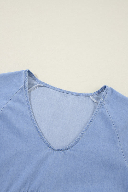 Solid Denim Chambray Puff Sleeve Tiered Ruffled Mini Dress
