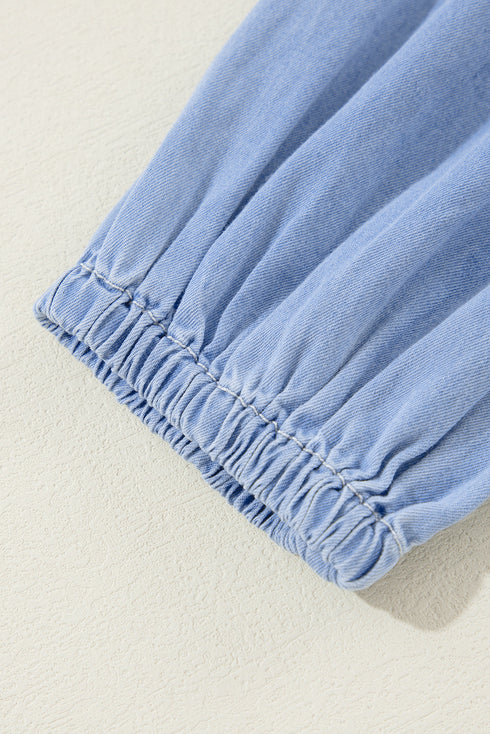 Solid Denim Chambray Puff Sleeve Tiered Ruffled Mini Dress