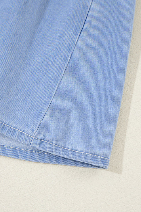 Solid Denim Chambray Puff Sleeve Tiered Ruffled Mini Dress