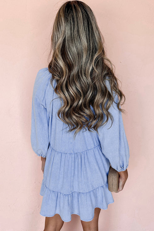 Solid Denim Chambray Puff Sleeve Tiered Ruffled Mini Dress