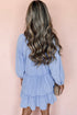 Solid Denim Chambray Puff Sleeve Tiered Ruffled Mini Dress