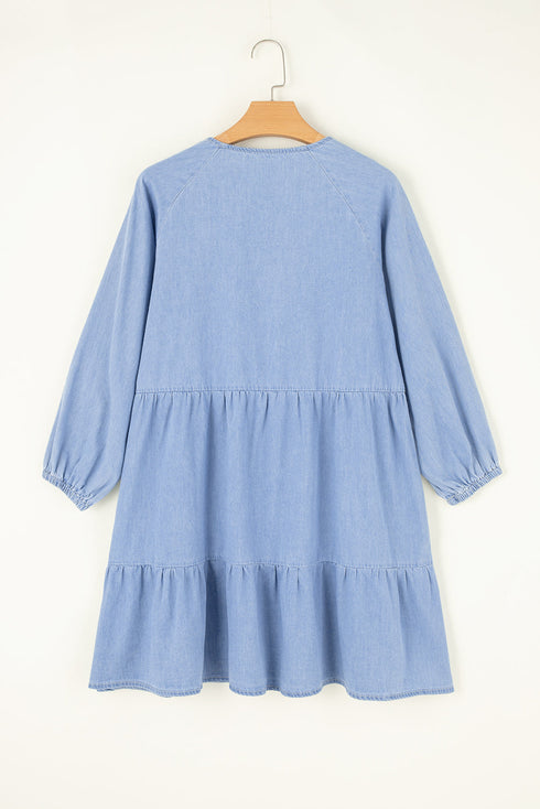 Solid Denim Chambray Puff Sleeve Tiered Ruffled Mini Dress