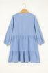 Solid Denim Chambray Puff Sleeve Tiered Ruffled Mini Dress
