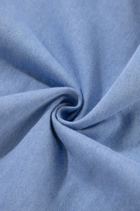 Solid Denim Chambray Puff Sleeve Tiered Ruffled Mini Dress