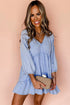 Solid Denim Chambray Puff Sleeve Tiered Ruffled Mini Dress