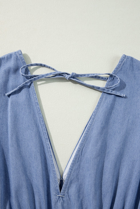 Solid Denim Deep V Neck Cut Out Maxi Dress