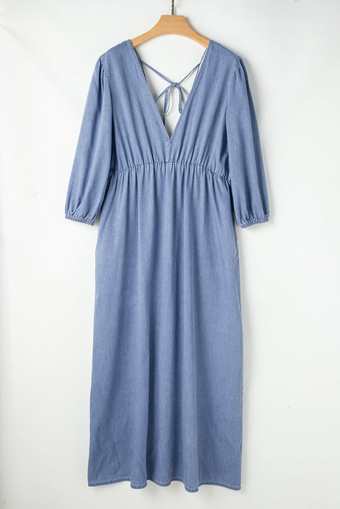 Solid Denim Deep V Neck Cut Out Maxi Dress