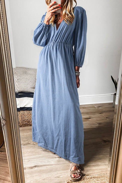 Solid Denim Deep V Neck Cut Out Maxi Dress