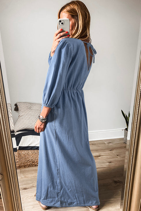 Solid Denim Deep V Neck Cut Out Maxi Dress