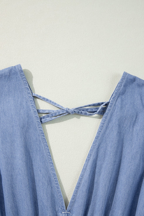 Solid Denim Deep V Neck Cut Out Maxi Dress