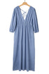 Solid Denim Deep V Neck Cut Out Maxi Dress