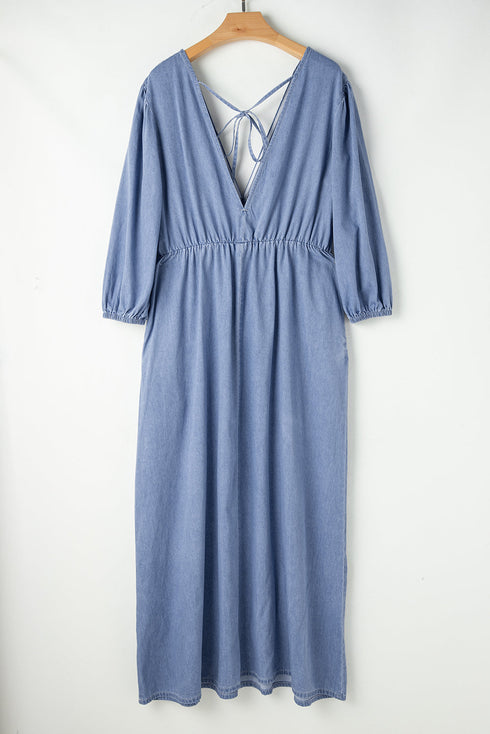 Solid Denim Deep V Neck Cut Out Maxi Dress