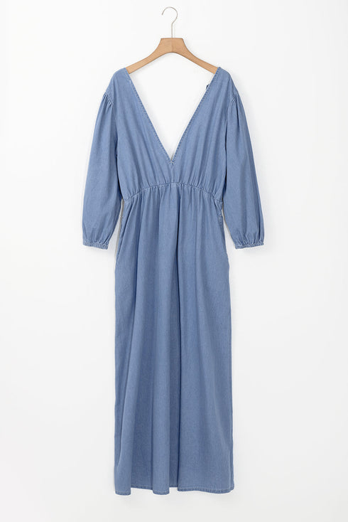 Solid Denim Deep V Neck Cut Out Maxi Dress