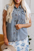 Solid Denim Flap Pocket Curved Hem Shirt Vest