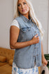 Solid Denim Flap Pocket Curved Hem Shirt Vest