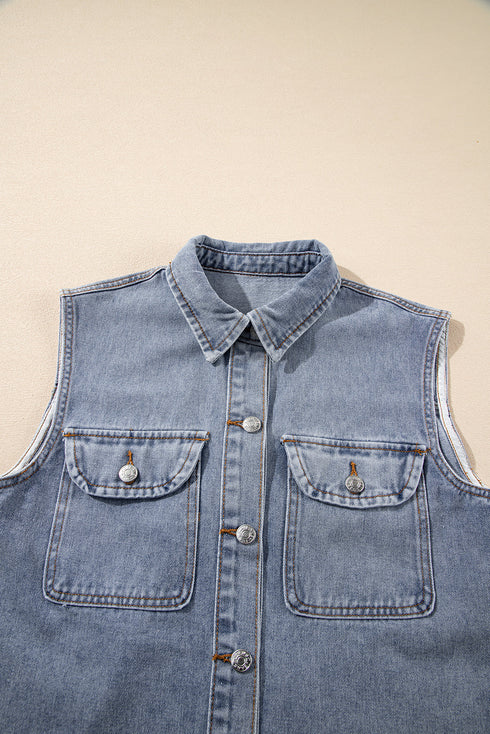 Solid Denim Flap Pocket Curved Hem Shirt Vest