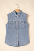 Solid Denim Flap Pocket Curved Hem Shirt Vest
