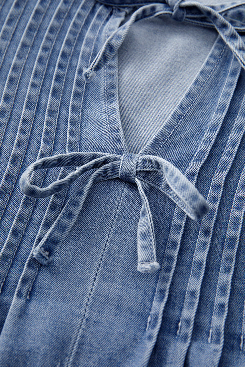 Solid Denim Front Pintuck Bow Tie Puff Sleeve Blouse