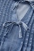 Solid Denim Front Pintuck Bow Tie Puff Sleeve Blouse