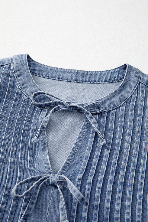 Solid Denim Front Pintuck Bow Tie Puff Sleeve Blouse