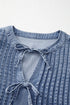 Solid Denim Front Pintuck Bow Tie Puff Sleeve Blouse