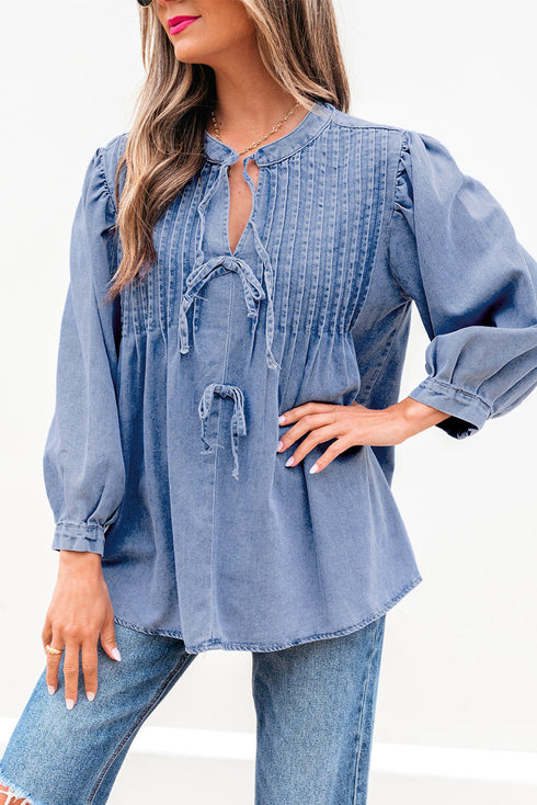 Solid Denim Front Pintuck Bow Tie Puff Sleeve Blouse