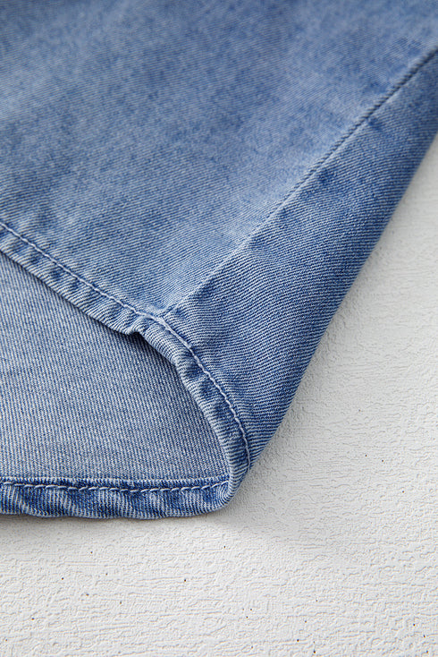 Solid Denim Front Pintuck Bow Tie Puff Sleeve Blouse
