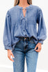 Solid Denim Front Pintuck Bow Tie Puff Sleeve Blouse