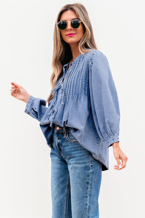 Solid Denim Front Pintuck Bow Tie Puff Sleeve Blouse