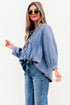 Solid Denim Front Pintuck Bow Tie Puff Sleeve Blouse