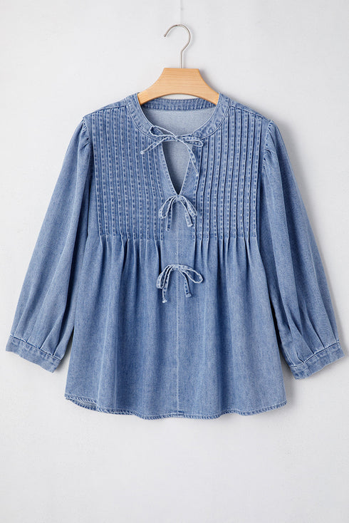 Solid Denim Front Pintuck Bow Tie Puff Sleeve Blouse