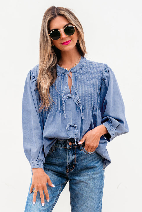 Solid Denim Front Pintuck Bow Tie Puff Sleeve Blouse