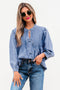 Solid Denim Front Pintuck Bow Tie Puff Sleeve Blouse