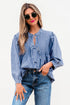 Solid Denim Front Pintuck Bow Tie Puff Sleeve Blouse