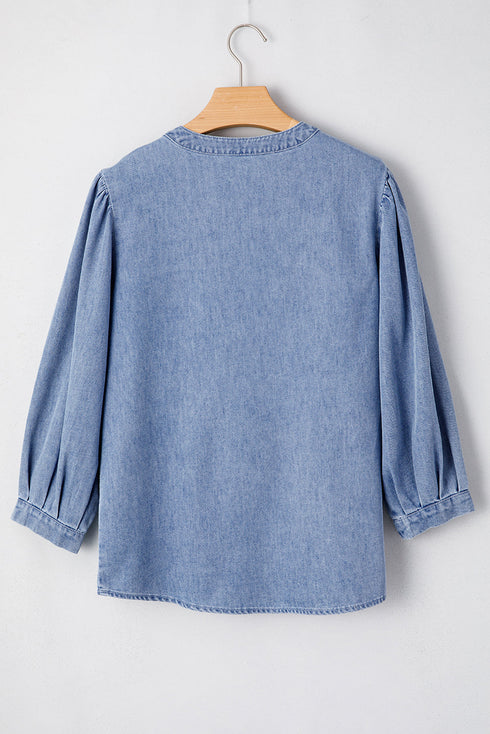 Solid Denim Front Pintuck Bow Tie Puff Sleeve Blouse