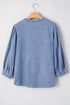 Solid Denim Front Pintuck Bow Tie Puff Sleeve Blouse