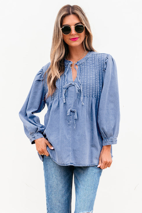 Solid Denim Front Pintuck Bow Tie Puff Sleeve Blouse