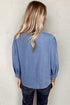 Solid Denim Front Pintuck Bow Tie Puff Sleeve Blouse
