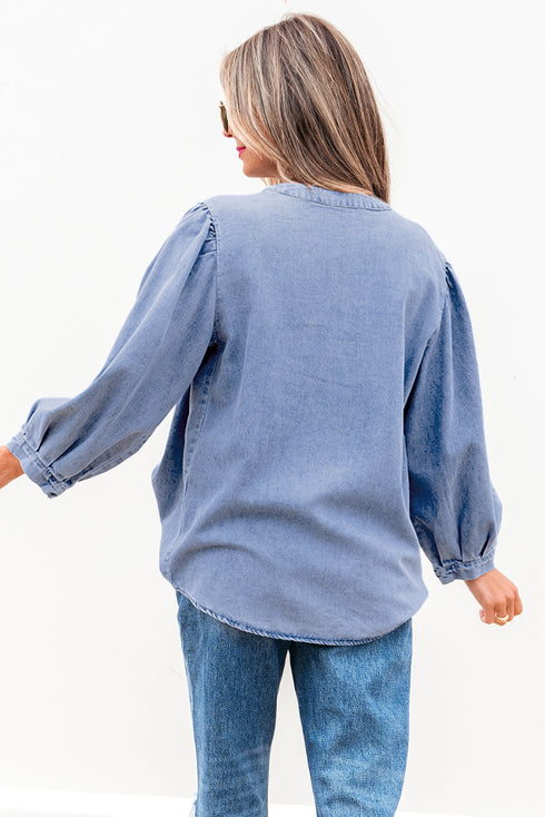 Solid Denim Front Pintuck Bow Tie Puff Sleeve Blouse