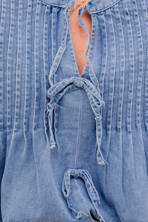 Solid Denim Front Pintuck Bow Tie Puff Sleeve Blouse