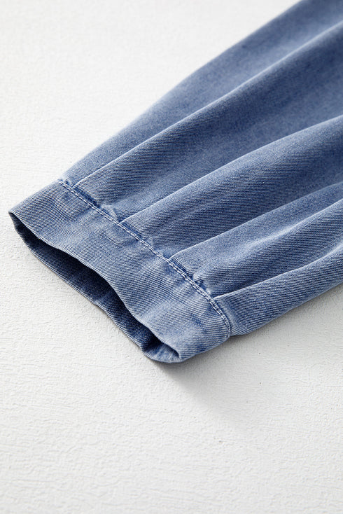 Solid Denim Front Pintuck Bow Tie Puff Sleeve Blouse