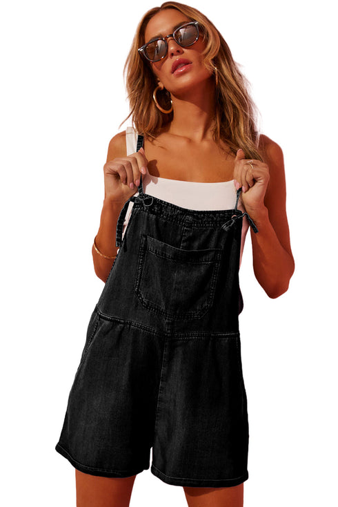 Solid Denim Grommet Tie Strap Casual Romper