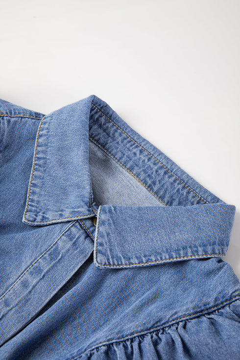 Solid Denim Ruffled Detail Southern Belle Blouse