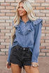 Solid Denim Ruffled Detail Southern Belle Blouse