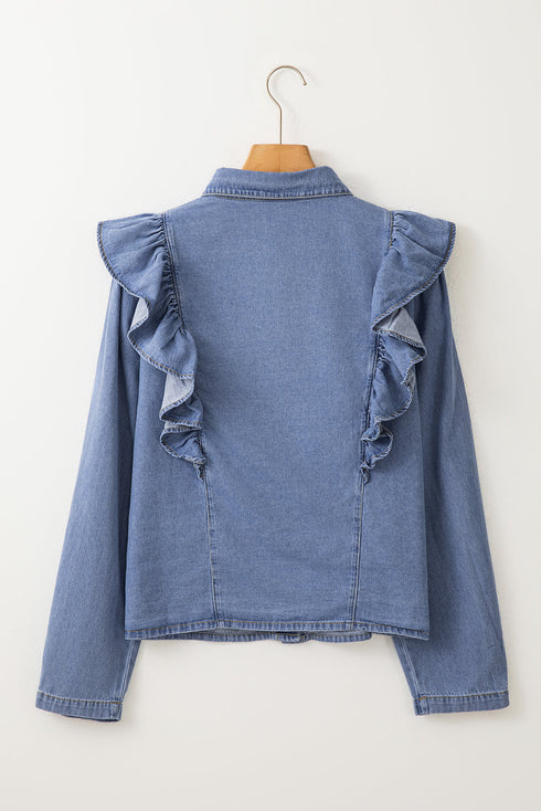 Solid Denim Ruffled Detail Southern Belle Blouse