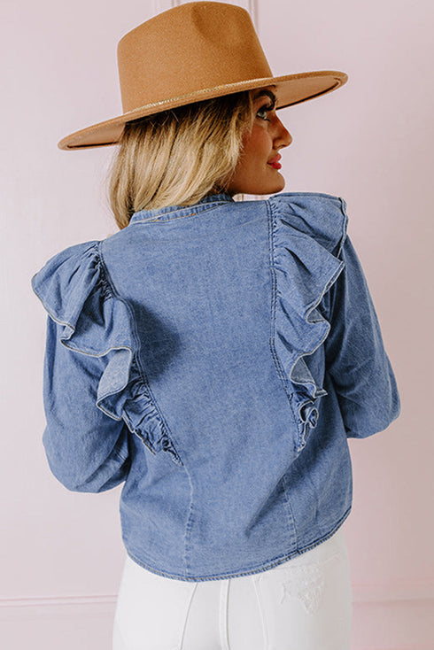 Solid Denim Ruffled Detail Southern Belle Blouse