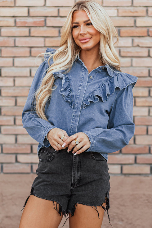 Solid Denim Ruffled Detail Southern Belle Blouse