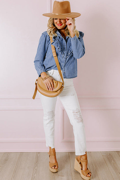 Solid Denim Ruffled Detail Southern Belle Blouse